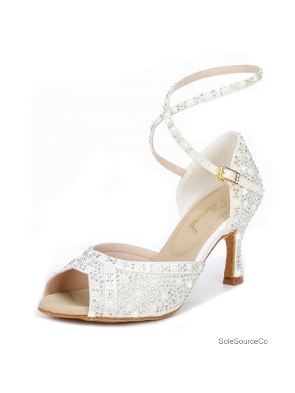 Open Toe Latin Dance Heels Sparkling Crystal Rhinestone Block Heel Adjustable